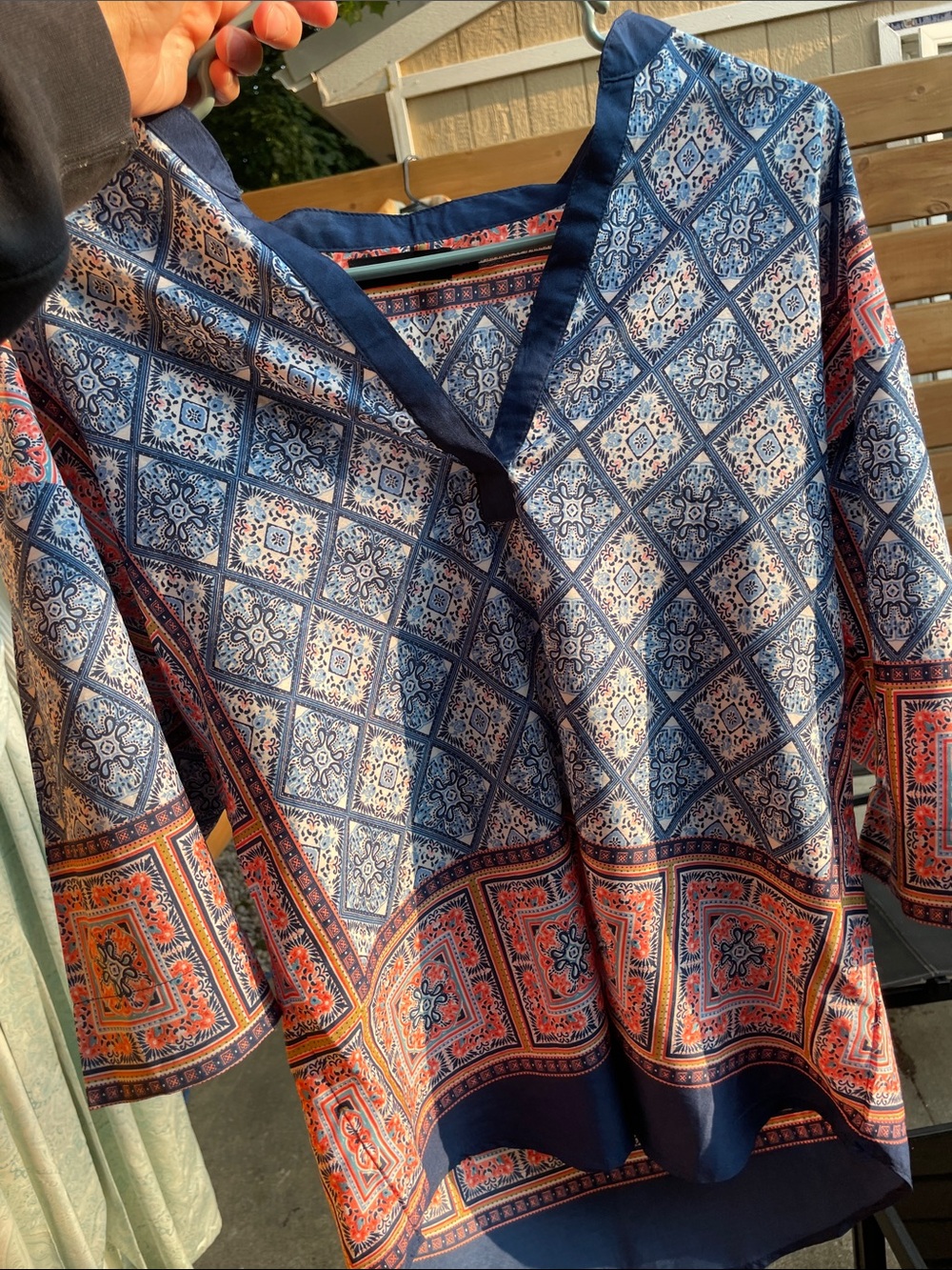 Cosmo & Co. Navy and Coral Printed V-Neck Tunic Top